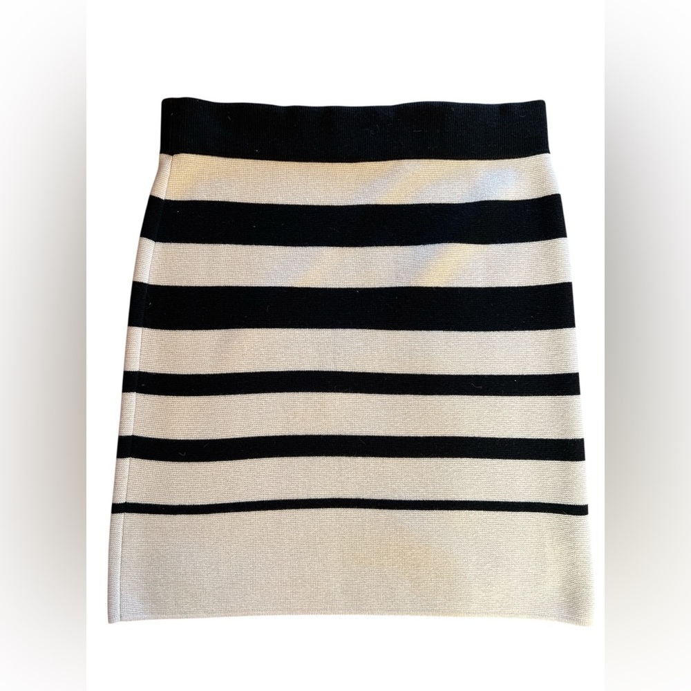 LOFT Black & Cream Striped Knit Midi Skirt Elastic Waist Size L - Picture 2 of 4